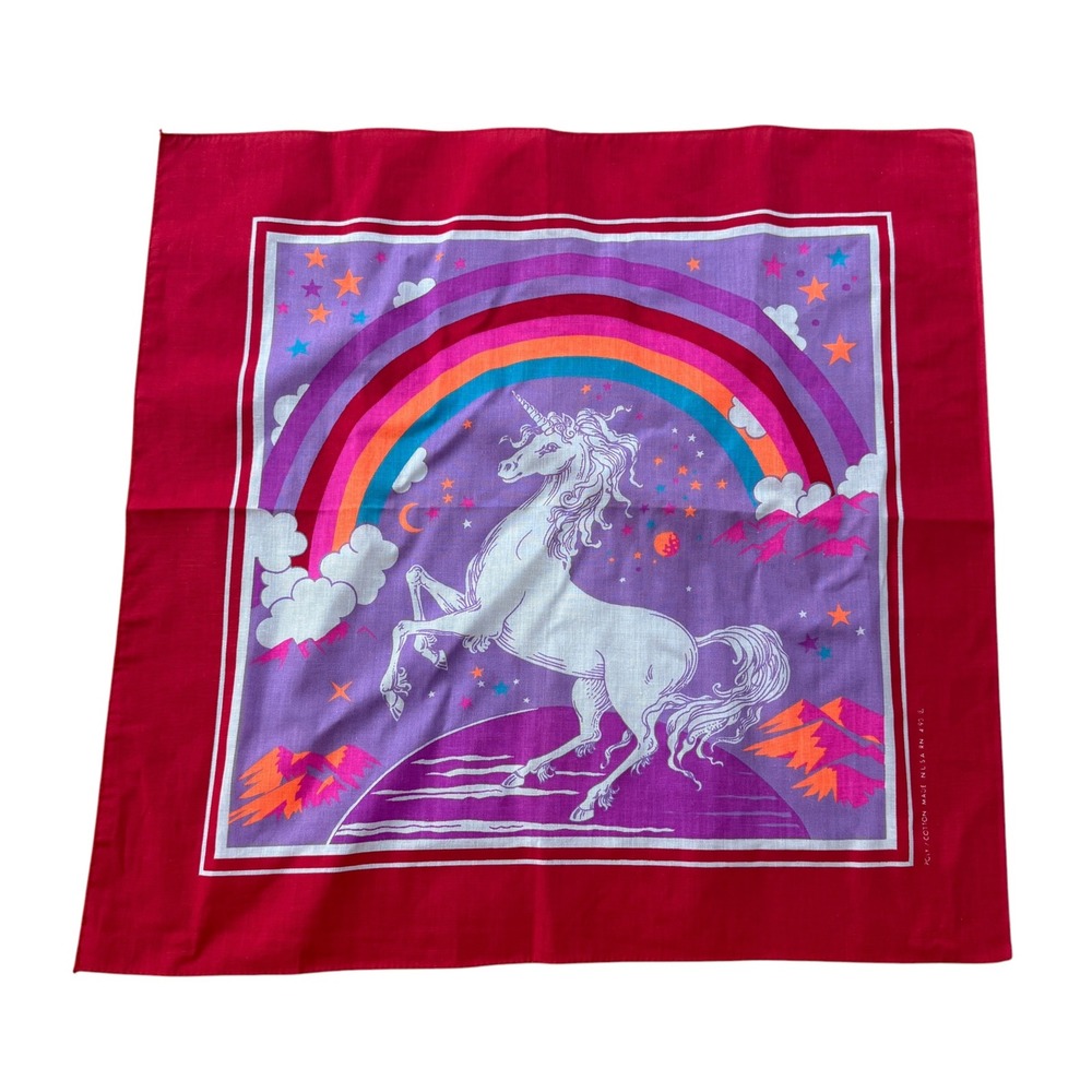 Vintage 1994 Unicorn Rainbow Bandana Made in USA 90s Fantasy Horse Red OS